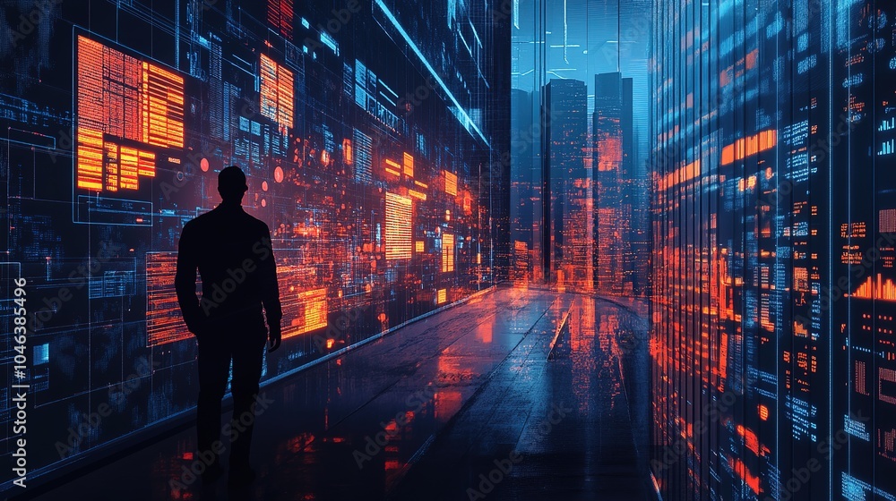 Aufkleber silhouette of a person standing in a futuristic digital cityscape with glowing data and abstract pat