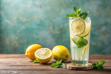 Fototapeta premium Refreshing summer lemonade with a sprig of fresh mint and a slice of lemon in a tall glass, refreshing drink, summer drink, greenery, lemon
