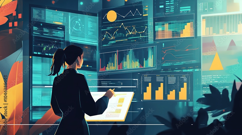 Poster silhouette of a person standing in a futuristic digital cityscape with glowing data and abstract pat