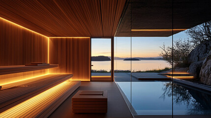  A luxurious sauna room with smooth wooden benches