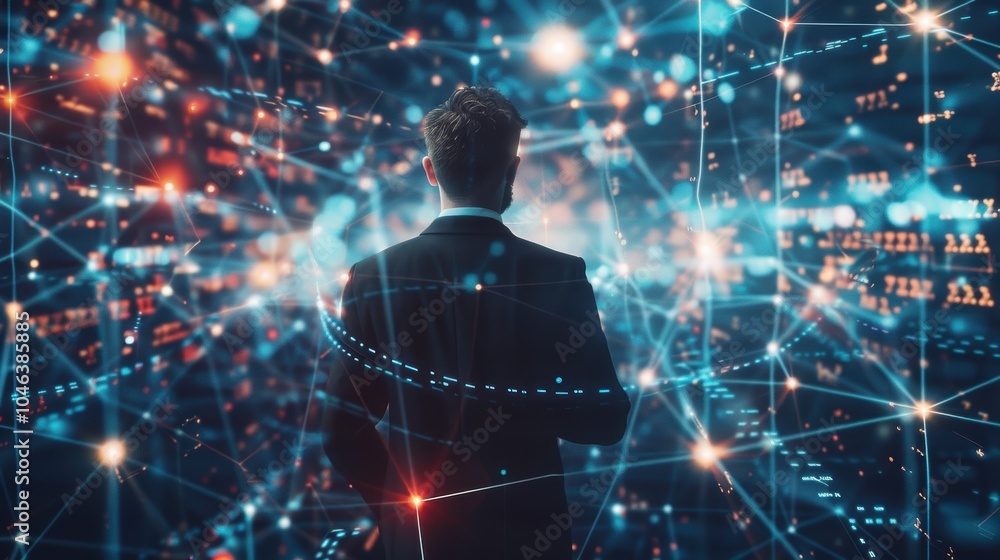 Poster business leader navigating professional networking with digital connections and icons