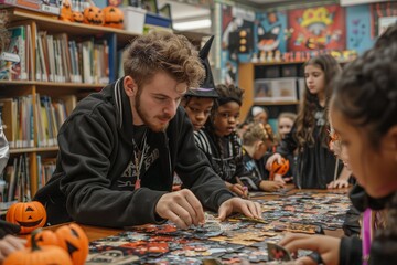 Fototapeta premium Halloween Puzzle Fun in a Library Setting