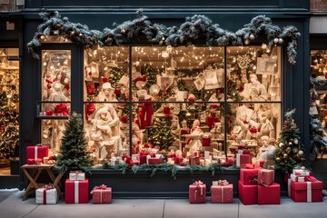 Fototapeta premium A festive holiday storefront window filled with Christmas decorations twinkling lights and gift, Ai Generated