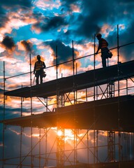 Construction Workers on Scaffolding at Sunset
