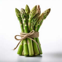 A bundle of fresh green asparagus tied with twine, displayed on a white background, emphasizing vibrant natural colors and textures