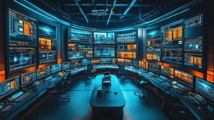 Futuristic control room overlooking a vibrant city skyline at night with extensive digital displays and high-tech interfaces