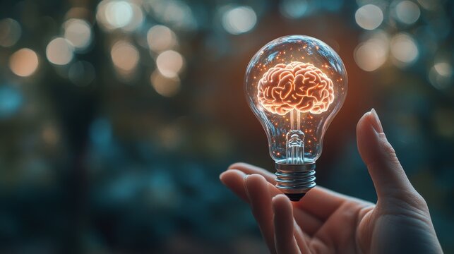2410 79.A close-up of a hand presenting a virtual lightbulb with a glowing brain inside. The bokeh background gives a sense of energy and inspiration, emphasizing the concepts of smart thinking and