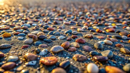 Obraz premium Randomly scattered pebbles create a unique texture on the surface of asphalt, rough ground, natural elements, exterior shot, urban environment