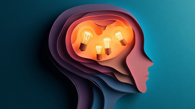 2410 90.A papercut-style human head in profile view, composed of multiple paper layers, with light bulbs inside the brain area gently glowing, showcasing the flow of new ideas and intellectual energy.