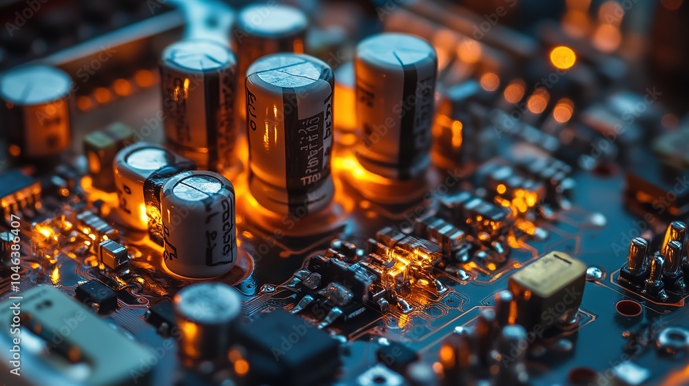 Poster close-up view of a circuit board with glowing components and intricate details showcasing advancemen