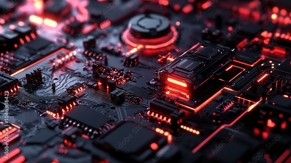 Poster close-up view of a circuit board with glowing components and intricate details showcasing advancemen