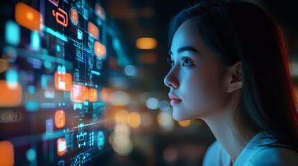Naklejka premium 2410 9.A person gazing thoughtfully at their computer screen, with a digital overlay of glowing data icons, representing big data, the internet of things, and digital transformation. The scene