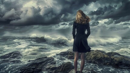 Businesswoman Facing Stormy Seas - Symbolizing Challenges and Resilience in the Corporate World