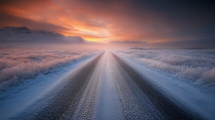 2410 115.A straight road blanketed with thin ice and surrounded by wintery fields in southern Iceland, stretching towards distant mountains, with the soft, warm glow of the sunset creating a striking