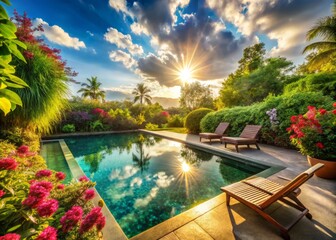 Fototapeta premium Crystal Clear Swimming Pool Reflections with Lush Surroundings, Relaxing Vibes, Summer Oasis, Serene Water, Refreshing Blue, Outdoor Luxury, Tranquil Escape