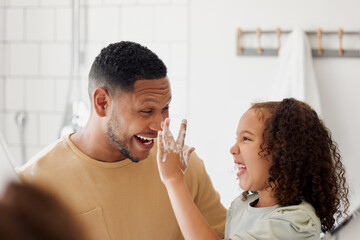 Young girl, father and washing hands with soap fun, cleaning and hygiene in the morning in bathroom. Home, youth and bacteria protection with routine, foam and health support for wellness and smile