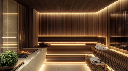 A luxurious sauna with warm wood paneling minimalis