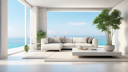Naklejka premium Indoor plant on white floor with blank concrete wall backdrop, coffee table and lounge beside glass window in living room with sea view of contemporary luxury beach house or hotel - Interior 3D home