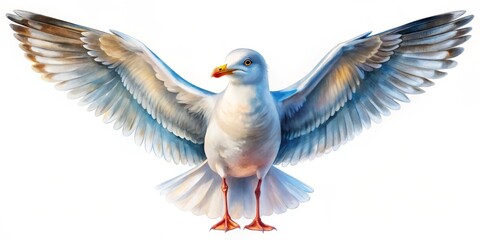 Obraz premium Cute Watercolor Seagull with Outspread Wings and Bright Eye, Night Photography, Coastal Wildlife, Bird Art, Seagull Illustration, Nature Photography, Animal Portrait