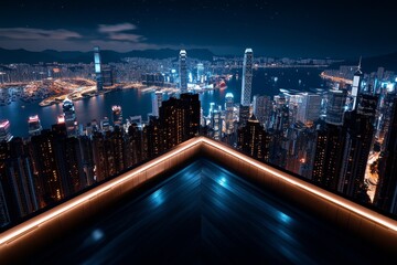 A city skyline at night with skyscrapers glowing, cars moving in the streets below, and the stars just visible in the sky above, capturing the beauty of urban lights in the dark, symbolizing