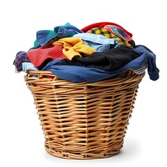 Laundry basket full of clothes isolated on white background