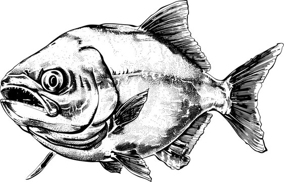 recommend clip art: A black and white illustration of a piranha with its mouth open, showing its sharp teeth.