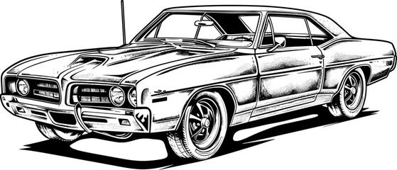Black and white line art drawing of a classic car.