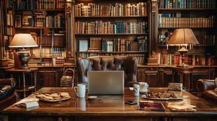 Fototapeta premium Cozy Library Study Room with Laptop Cookies and Tea