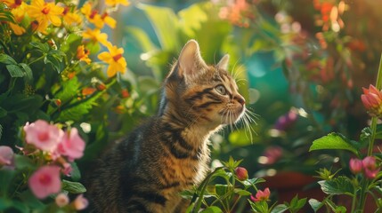 Curious Tabby Kitten Exploring a Vibrant Garden for Springtime Posters and Cards