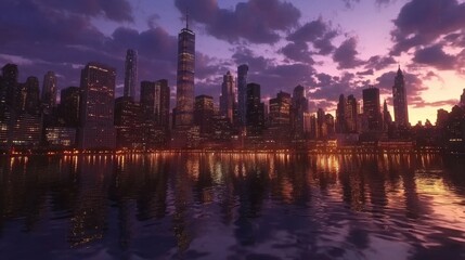 Fototapeta premium A city skyline reflected in a river at nightfall, the lights of the buildings sparkling in the dusk. Realistic and detailed