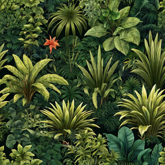 Fototapeta premium a lush tropical jungle, dense foliage, vibrant green leaves, large palm fronds, exotic flowers, dense overgrowth, dense vegetation, dense canopy, natural wildlife, rich ecosystem, dense forest,