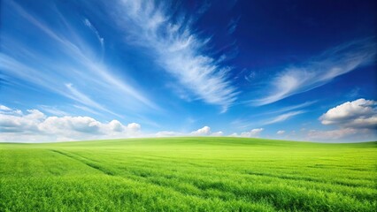 Fototapeta premium Minimalist panoramic landscape of greenfield with blue sky