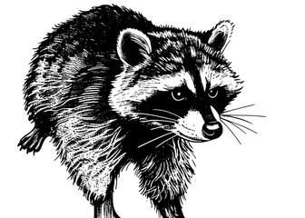 A black and white line art illustration of a raccoon's head and shoulders with a white background.