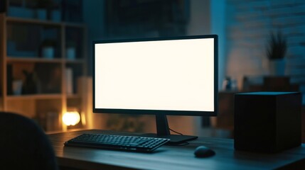 Naklejka premium A blank computer screen on a desk with a keyboard and mouse.