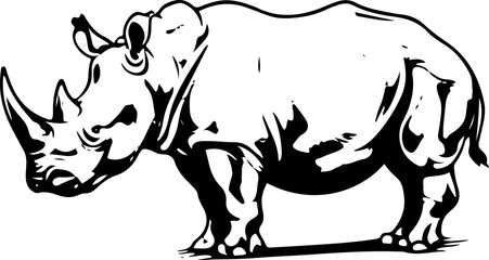 Obraz premium Black and white silhouette of a rhinoceros standing sideways.