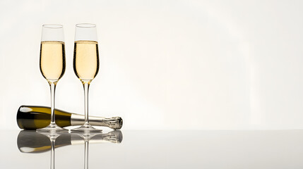 Champagne with Reflection on White Surface