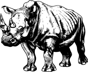 Fototapeta premium A detailed black and white illustration of a rhinoceros, in a woodcut style.