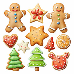 Fototapeta premium A set of cute, cartoon-style gingerbread cookies in festive shapes, such as stars, trees, and holiday items, isolated on a white background