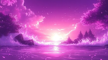 Serene Sunset Over Gentle Waves and Lush Landscapes