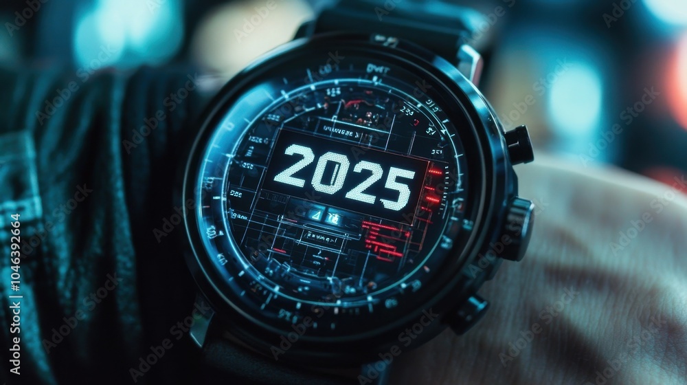 Poster a close-up of a high-tech smartwatch displaying 