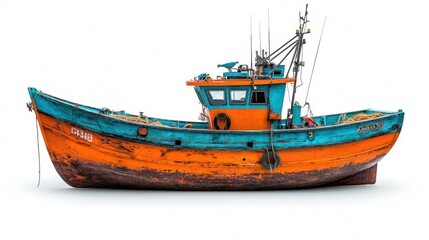 Fototapeta premium A photostock of a fishing boat sailing on a white background, perfect for maritime, adventure, or fishing-related themes.