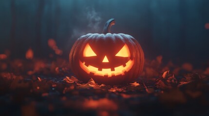 A glowing jack-o'-lantern sits in a dark forest with leaves surrounding it and a faint mist in the air.