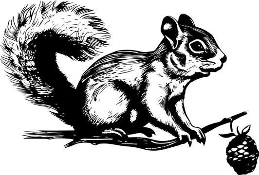 recommend clip art: Black and white illustration of a squirrel sitting on a branch with a pine cone.