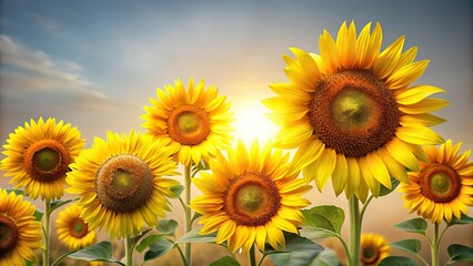 Obraz premium Large sunflowers in various stages of bloom against a subtle gradient background, sunlight filter, floral pattern, nature photography