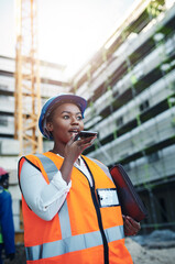 Black woman, architect or civil engineer with speaker phone at site for communication or...