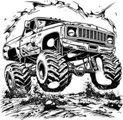 A black and white illustration of a monster truck with large tires. © shahadatarman 0
