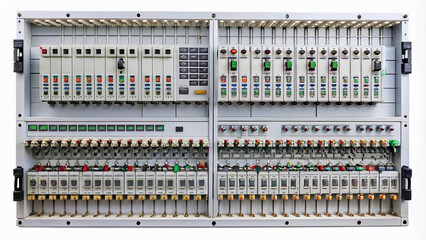 complex electrical panel with rows of circuit breakers, switches, and wires, showcasing the intricate workings of a modern power distribution system