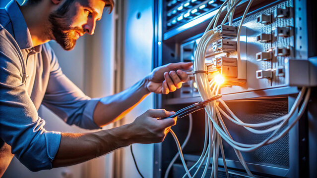 focused technician adjusts network cables in a server room, ensuring seamless data flow and connectivity
