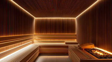 A luxurious sauna with warm wood paneling minimalis