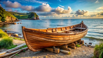 Obraz premium weathered wooden boat rests on the shore, cradled by the gentle lapping of waves The sun paints the sky in hues of gold and orange as a rustic wooden boat sits peacefully on the beach.